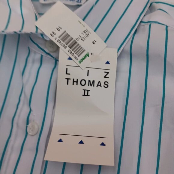 Liz Thomas II Blouse Plus Size 40 White Teal Stripe Short Vintage 80s 90s NOS - Picture 10 of 12